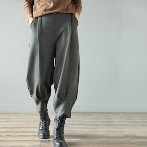 Women casual loose pants, wide leg pencil pants, vintage winter casual pants, harem pants, handmade warm pants, loose pants, loose slacks