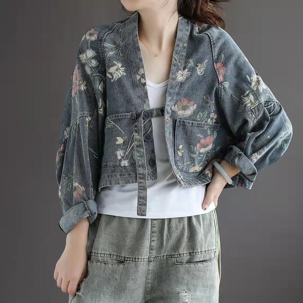 Manteau en denim de fleurs imprimées pour femmes, manteau ample vintage avec boutons, veste d’été en denim court, veste confortable, vêtements en denim femmes