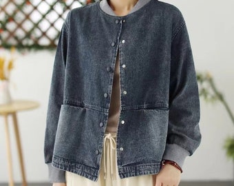 Women's Vintage Denim Bomber Jacket, 100% Cotton Washed Denim Jacket, Casual Baseball Jacket