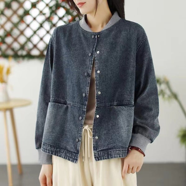 Blouson aviateur en denim vintage pour femme, veste en denim lavé 100 % coton, veste de baseball décontractée