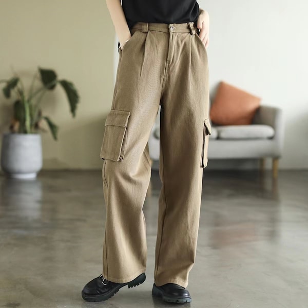 Vintage Baumwolle Damen Cargo Hose, unifarbene Lounge Hose, vielseitige gerade Bein Hose, Seitentasche Cargo Hose, lose Skateboard Hose
