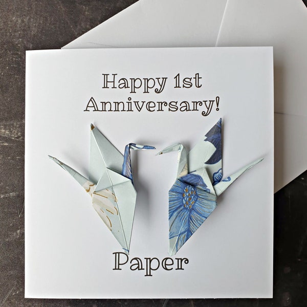 tarjeta del primer aniversario, tarjeta del 1er aniversario de boda, tarjeta del 1er aniversario de papel, tarjeta del 1er aniversario de las grullas de papel