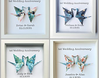 Personalised 1st  Paper Wedding Anniversary Gift Frame for Wife Husband or Couple, Japanese Origami Paper Cranes, Choice of 4 Designs