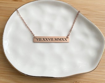 Roman Numeral Rose Gold Bar Necklace