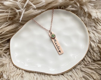 Rose Gold Rectangle name & birthstone necklace