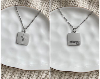 Silver square cross with bible verse necklace