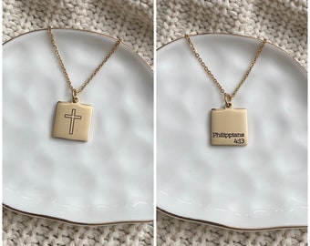 Gold square cross with bible verse necklace