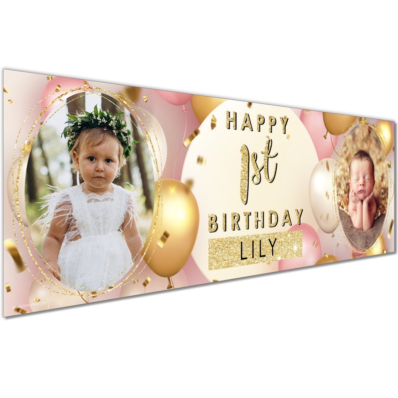 Personalized Name and Age Photo Birthday Party Banners, Custom Decoration Party Ideas, Minimalist Party Supplies for Memorial Celebration Pink