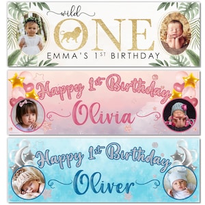 Personalized Photo 1st Birthday Party Banners, 12 Months Old Surprise Decorations for Kids, Keepsake Monthly Milestone Birthday Party Decor