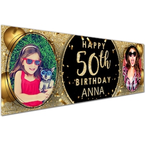Personalized Name and Age Photo Birthday Party Banners, Custom Decoration Party Ideas, Minimalist Party Supplies for Memorial Celebration Black Gold