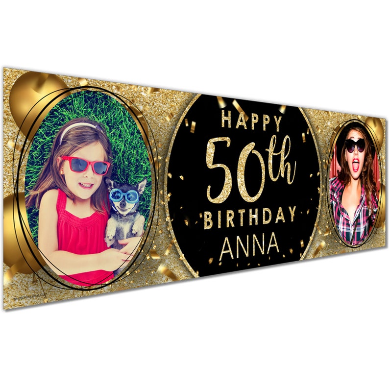 Personalized Name and Age Photo Birthday Party Banners, Custom Decoration Party Ideas, Minimalist Party Supplies for Memorial Celebration Black Gold
