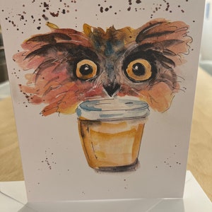 Hibou amateur de café/belle carte, support, tu me manques, carte d'anniversaire jolie carte aquarelle aquarelle faite main