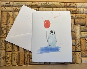 Penguin Birthday Card, Balloon Animal, Watercolor Art