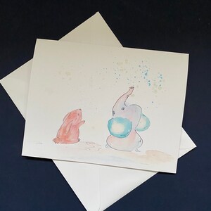 Elephant and Rabbit Watercolor Card: Birthday, Baby Shower