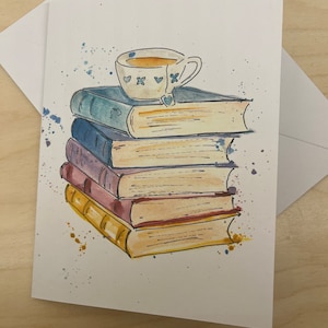 Boekenkaart / Verjaardagskaart / Afstudeerkaart / Leuke kaart / Handgemaakte kaart / Aquarelkaart / theeliefhebber