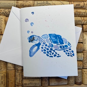 Blue Turtle handmade aquarelle watercolor card - perfect for miss you, baby shower, happy birthday, or any other occasion