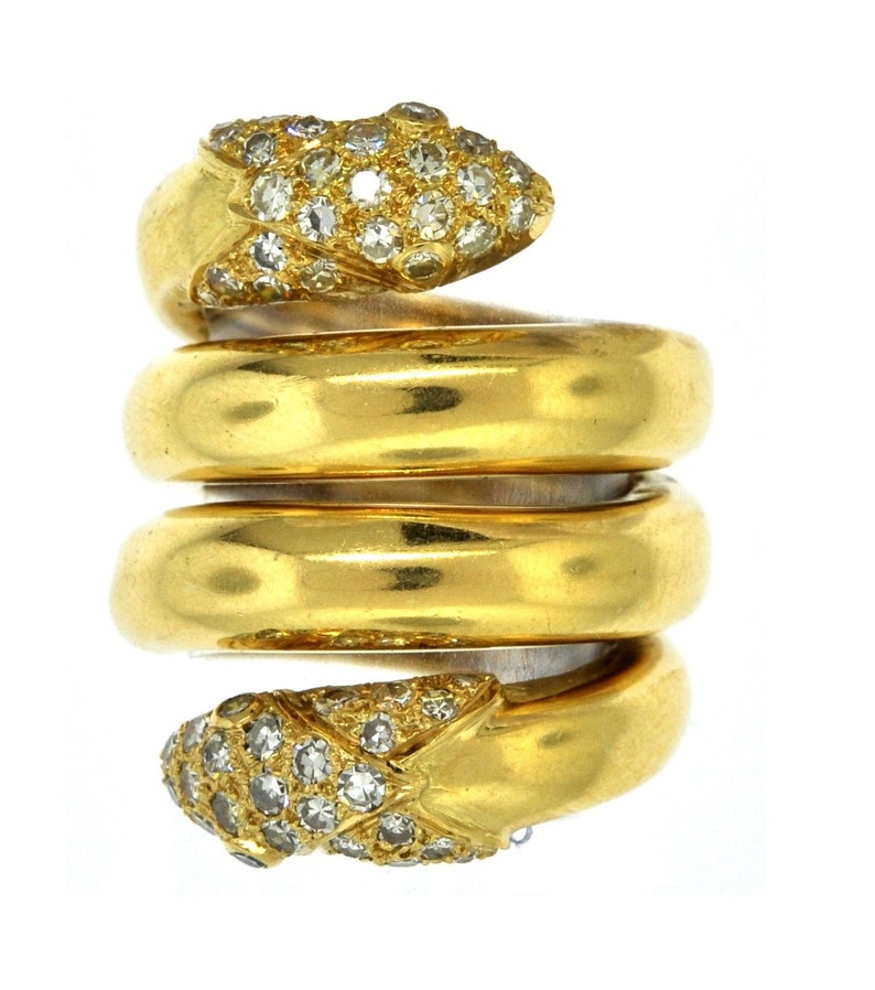 Vintage Christian Dior Serpent Ring, Snake Ring, 50 Diamonds, 18K Yellow Gold, 38NA Hallmark, Double-Headed, Italy, Size 6, 1960's 