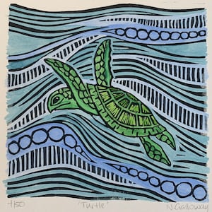 Turtle linocut print || Limited edition hand painted edition || Open edition B&W