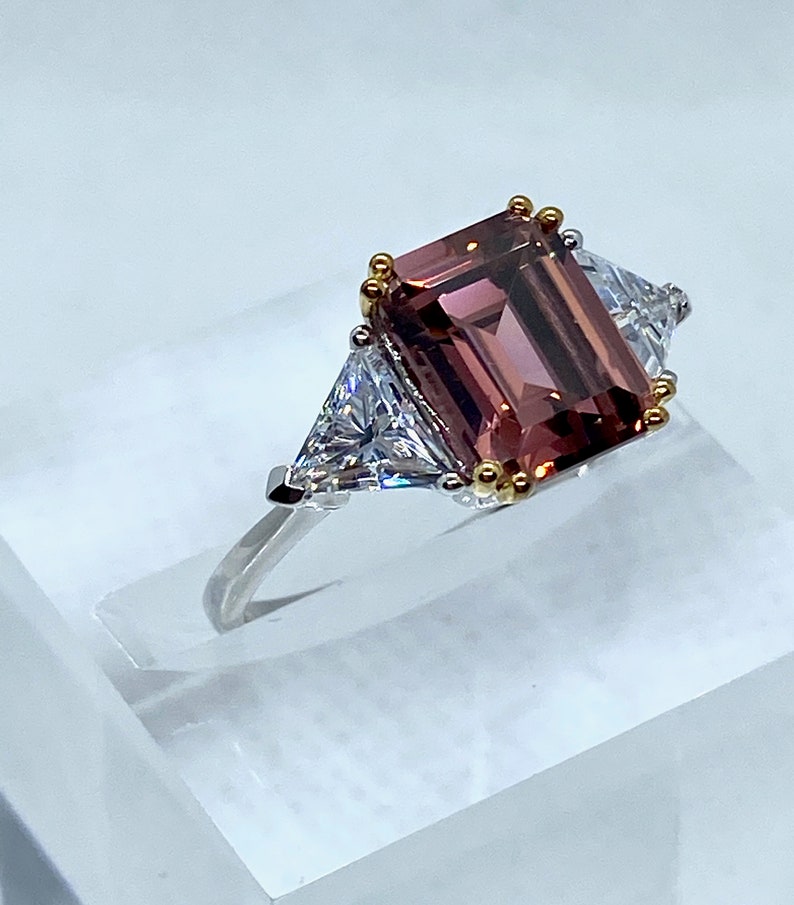 Fancy Pink CZ Engagement Ring Set In Two Tone Sterling Silver