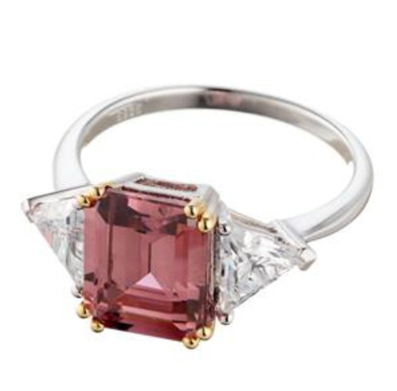 Fancy Pink CZ Engagement Ring Set In Two Tone Sterling Silver