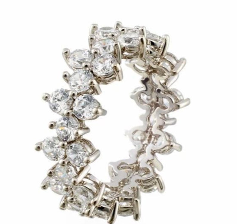 Fancy Round Cut Cubic Zirconia Eternity Band in WGP Sterling Silver