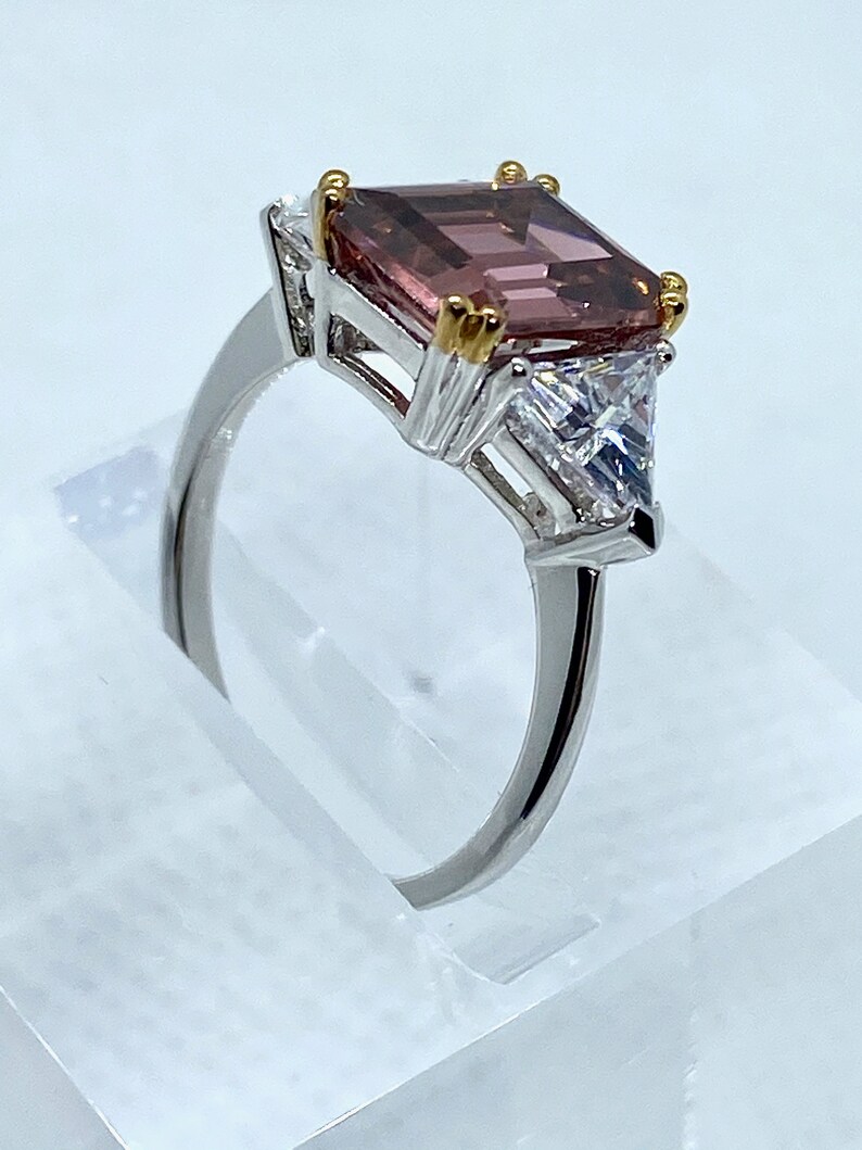 Fancy Pink CZ Engagement Ring Set In Two Tone Sterling Silver