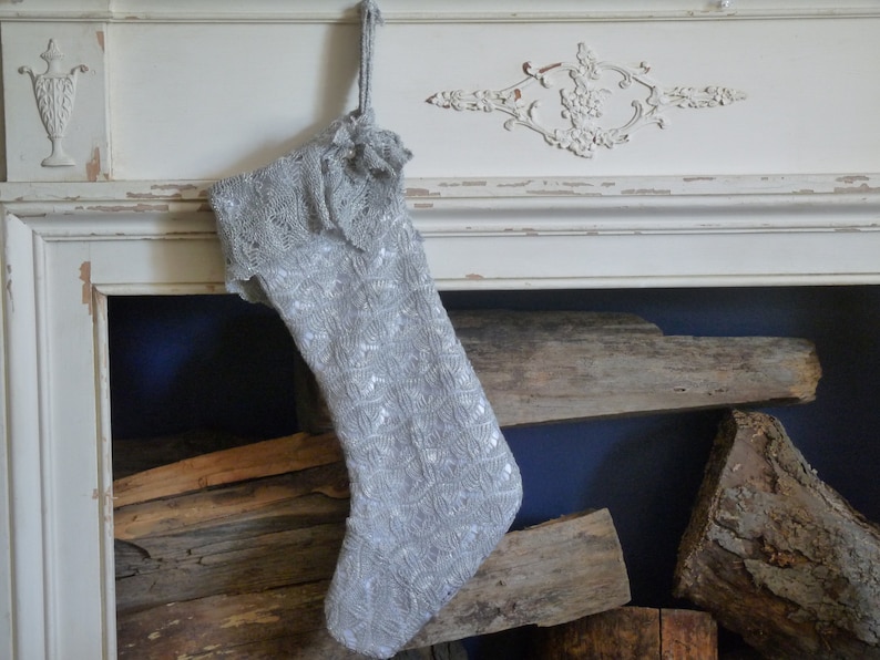pale gray and white knit Christmas stocking