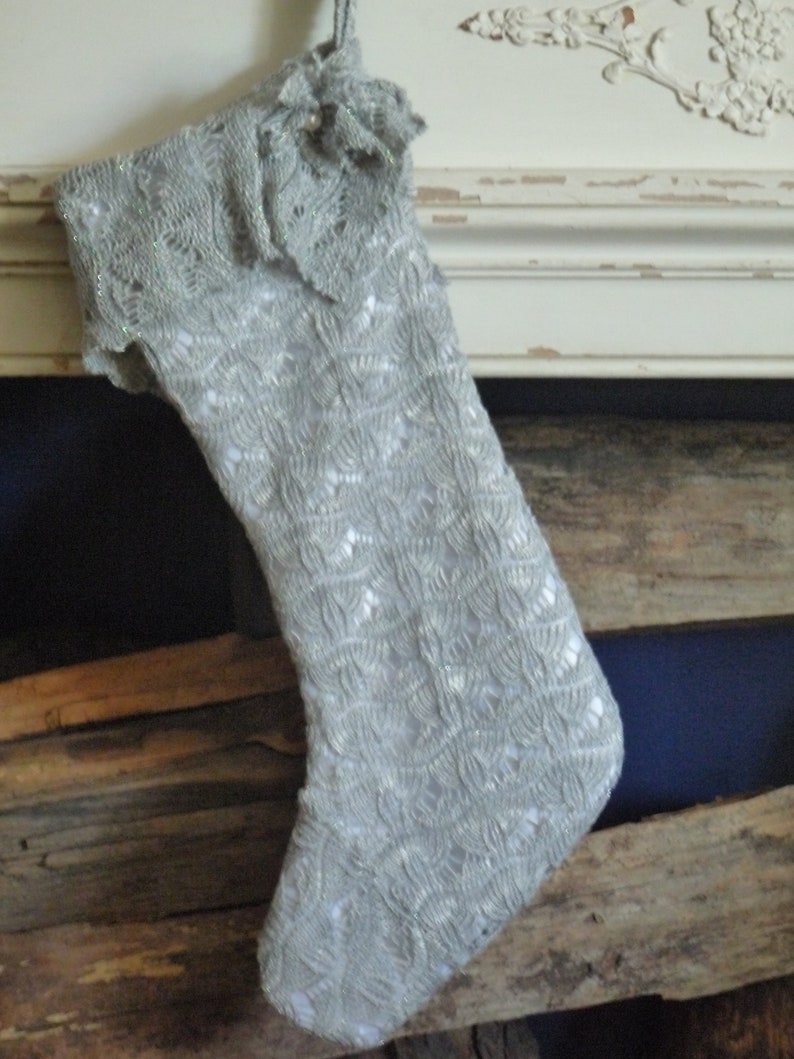 pale gray and white knit Christmas stocking