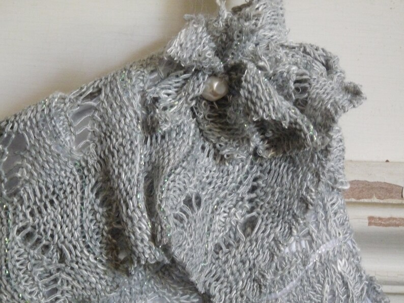 pale gray and white knit Christmas stocking