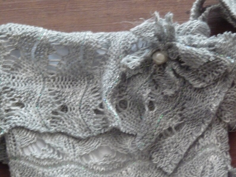 pale gray and white knit Christmas stocking