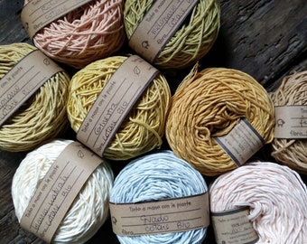 GOTS organic cotton yarn hand dyed with plants for knitting and crocheting summer garments. Natural fibers skeins for sustainable textiles