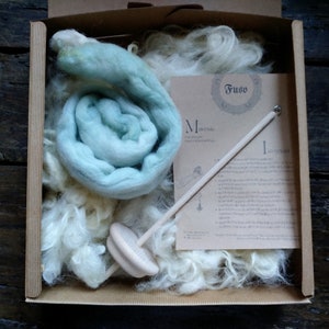 Spinning kit with drop spindle and wool tops. Creativity box gift for beginner spinner with plant dyed fleece and wooden tool vikings style image 1