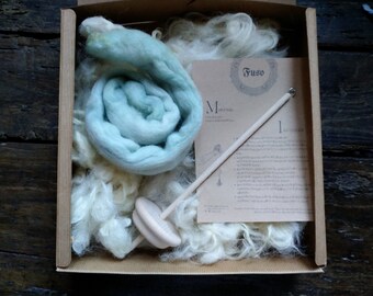 Spinning kit with drop spindle and wool tops. Creativity box gift for beginner spinner with plant dyed fleece and wooden tool vikings style
