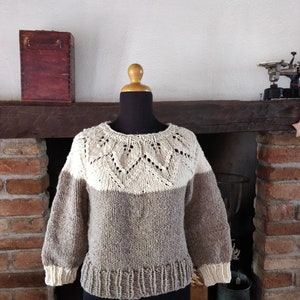 Alpaca wool nordic jumper hand knitted with lace leaves pattern, round neck top down natural colours melange, woollen scandi style pullover image 9