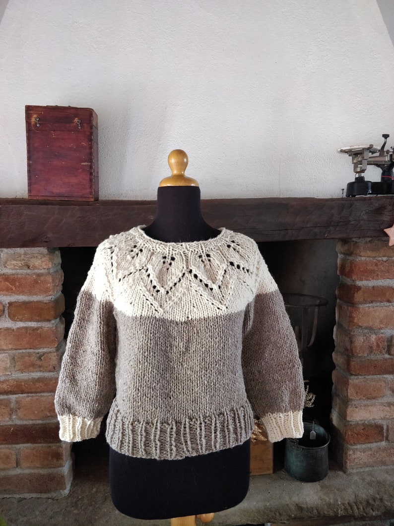 Alpaca wool nordic jumper hand knitted with lace leaves pattern, round neck top down natural colours melange, woollen scandi style pullover image 9