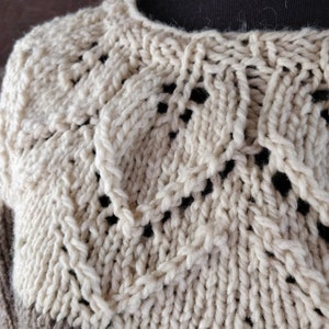 Alpaca wool nordic jumper hand knitted with lace leaves pattern, round neck top down natural colours melange, woollen scandi style pullover image 8