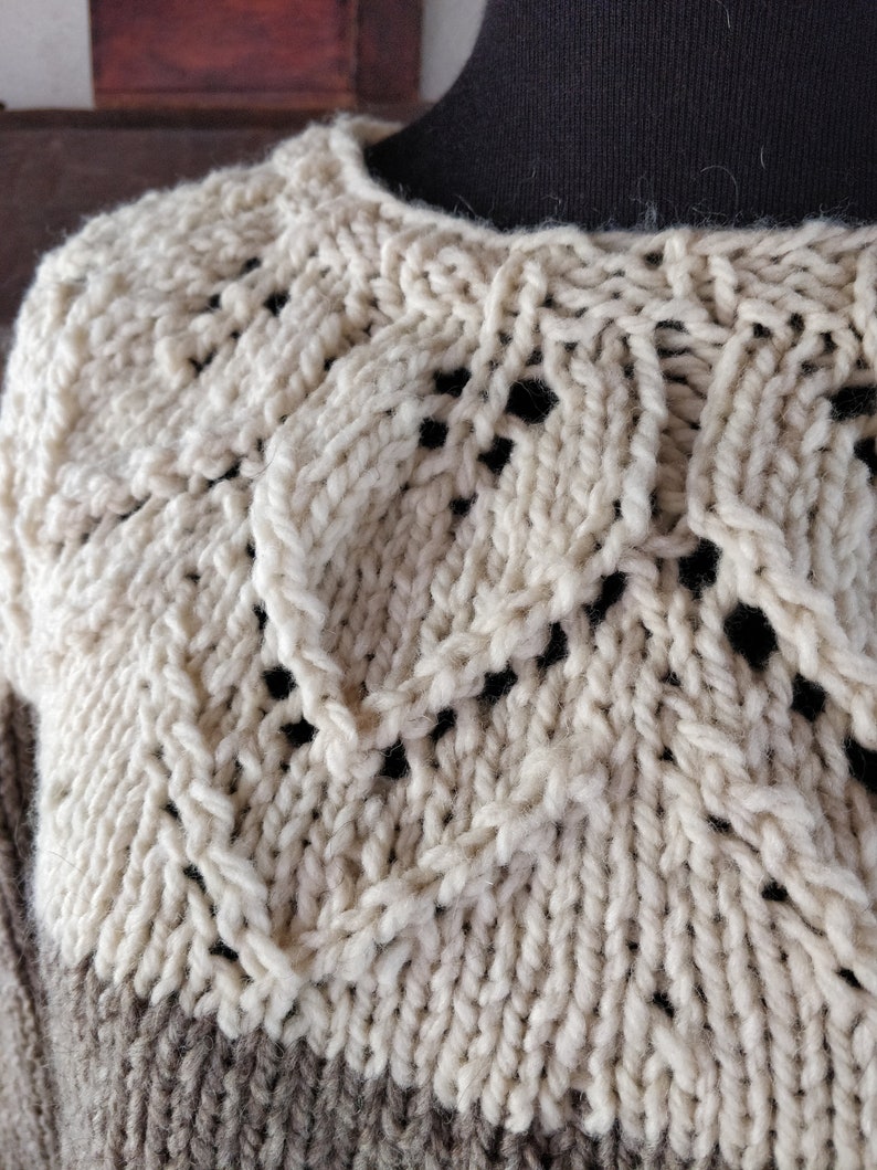 Alpaca wool nordic jumper hand knitted with lace leaves pattern, round neck top down natural colours melange, woollen scandi style pullover image 8