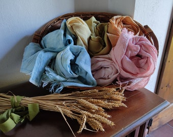 Fringed flax scarves pastel colour, extra long scarf linen naturally dyed with plants Spring earthy color vegan pashmina wide wrapping stole