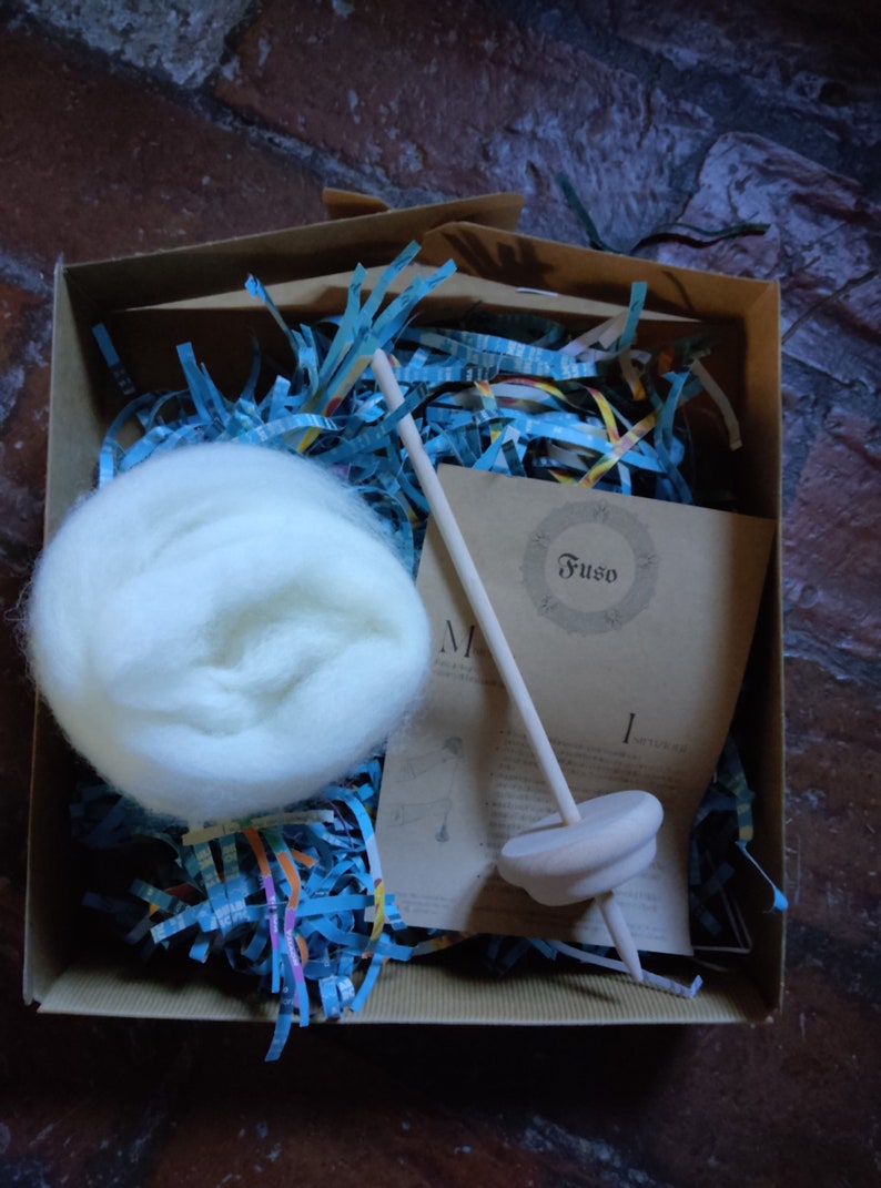 Spinning kit with drop spindle and wool tops. Creativity box gift for beginner spinner with plant dyed fleece and wooden tool vikings style image 7