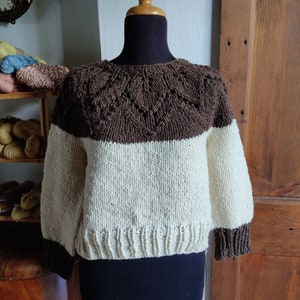 Alpaca wool nordic jumper hand knitted with lace leaves pattern, round neck top down natural colours melange, woollen scandi style pullover image 4