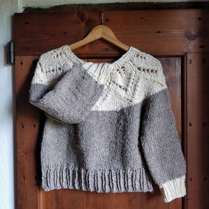 Alpaca wool nordic jumper hand knitted with lace leaves pattern, round neck top down natural colours melange, woollen scandi style pullover image 7