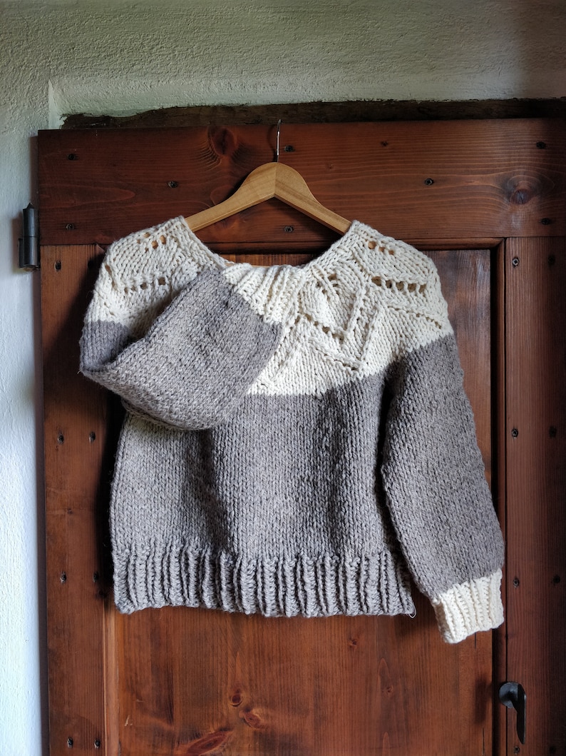 Alpaca wool nordic jumper hand knitted with lace leaves pattern, round neck top down natural colours melange, woollen scandi style pullover image 7