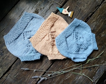 Hand knitted bloomers 100% merino wool botanically dyed. Baby girl and boy cute diaper cover with bobbles, newborn photo prop mini shorties