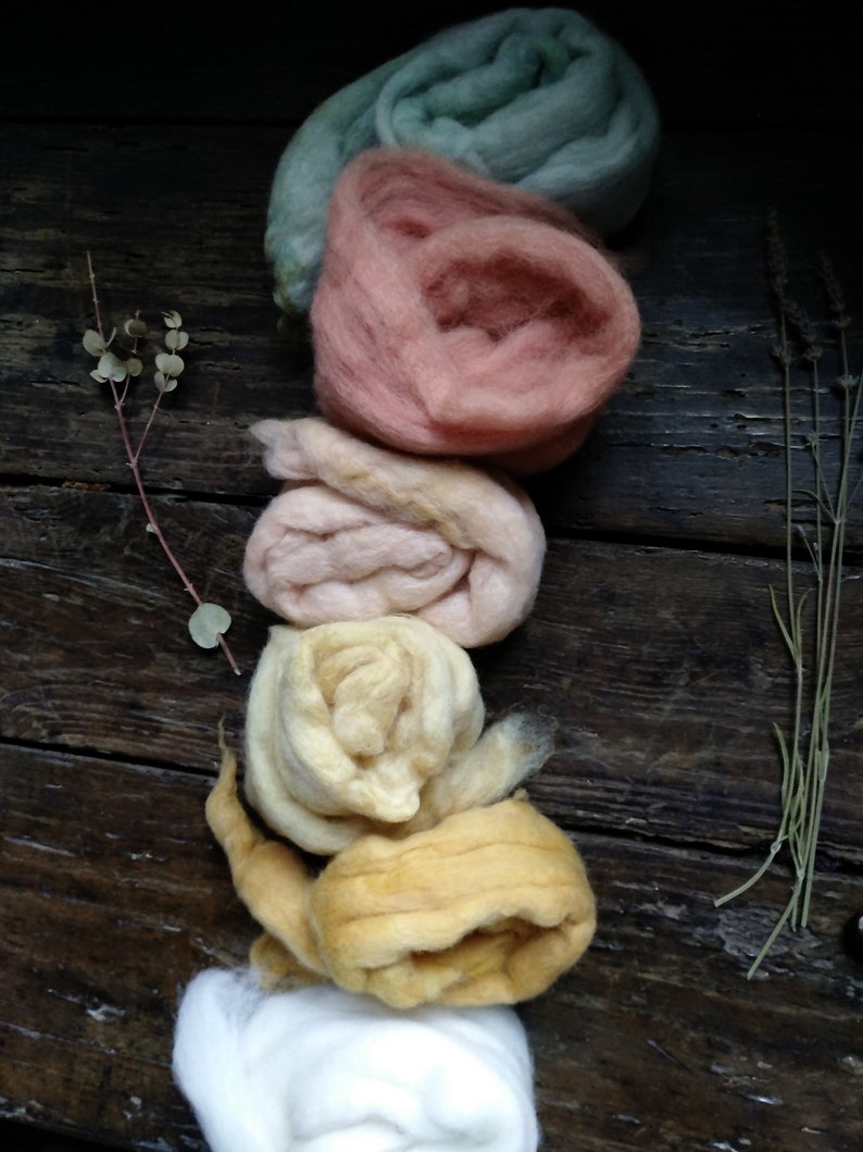 Spinning kit with drop spindle and wool tops. Creativity box gift for beginner spinner with plant dyed fleece and wooden tool vikings style image 9