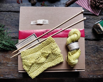 Starter knitting kit with plant dyed merino yarn, wooden single point and steel needles, scheme to knit easy headband with leaves pattern