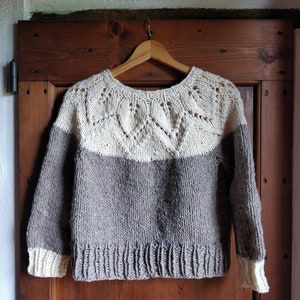 Alpaca wool nordic jumper hand knitted with lace leaves pattern, round neck top down natural colours melange, woollen scandi style pullover image 3