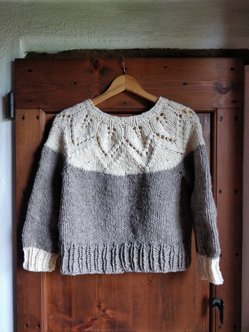 Alpaca wool nordic jumper hand knitted with lace leaves pattern, round neck top down natural colours melange, woollen scandi style pullover image 3