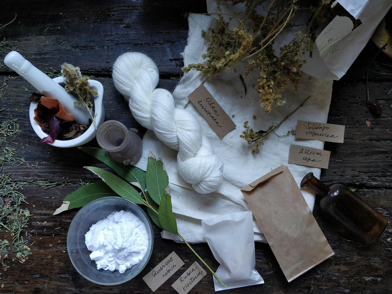 Natural dye kit with wool skein, cotton cloth, two colours dried plants and eco-friendly mordants. Full dyeing supplies for yarns and fabric image 1