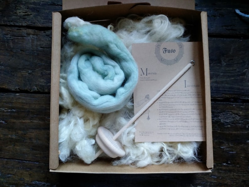 Spinning kit with drop spindle and wool tops. Creativity box gift for beginner spinner with plant dyed fleece and wooden tool vikings style image 1