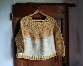 100% wool hand knitted ochre and cream jumper Apennine plant dyed yarn. Warm and comfortable maxi pullover with round neck and loose shape